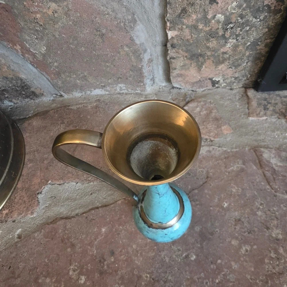 Vintage Brass Turquoise Verdigris Pitcher Bud Vase Decorative Handle 11